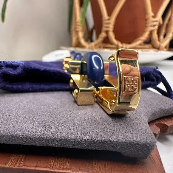 Tory Burch Logo Link Chunky Bangle Bracelet Blue Gold Enamel Chain NWT MSRP $299 - Picture 5 of 10